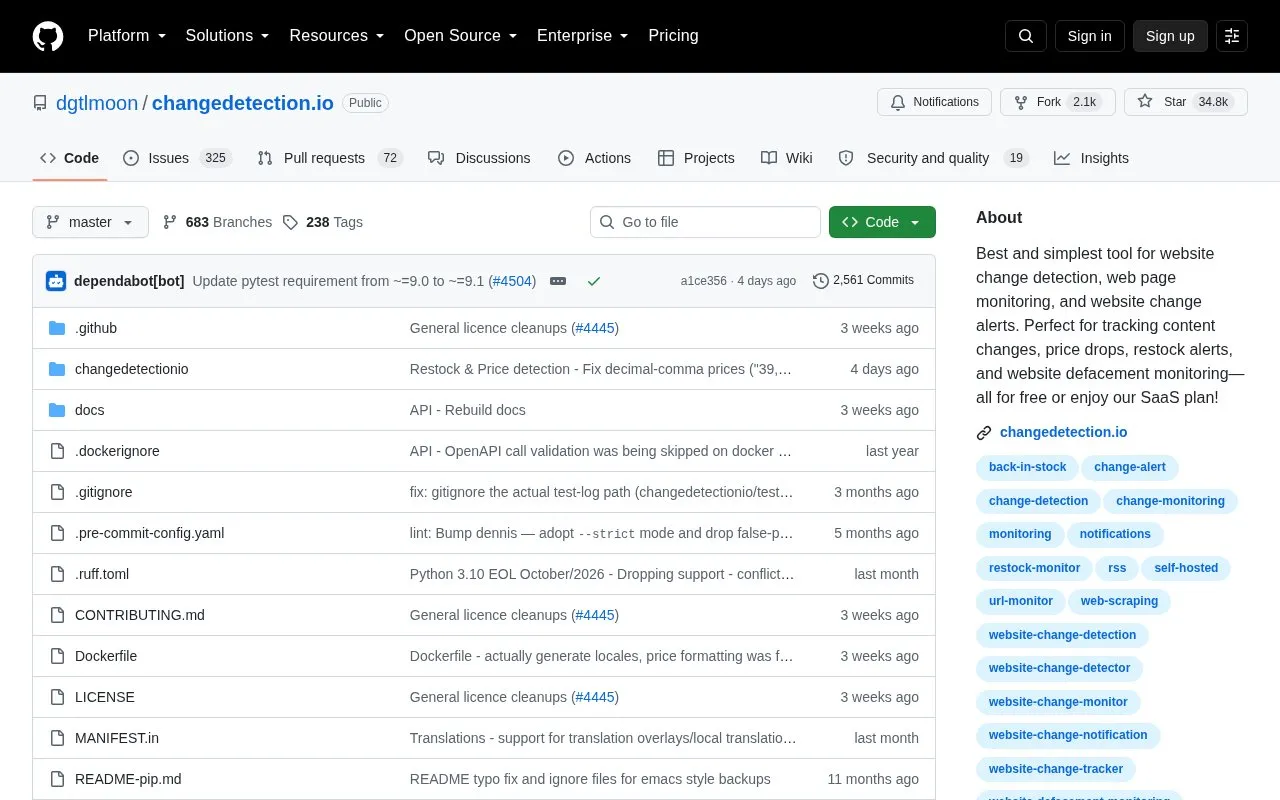 ChangeDetection.io homepage screenshot