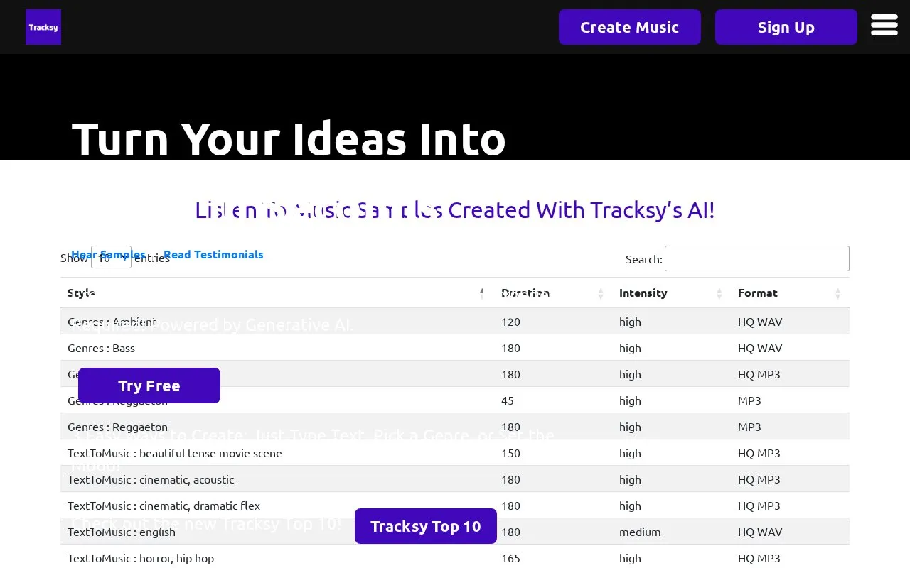 Tracksy homepage screenshot