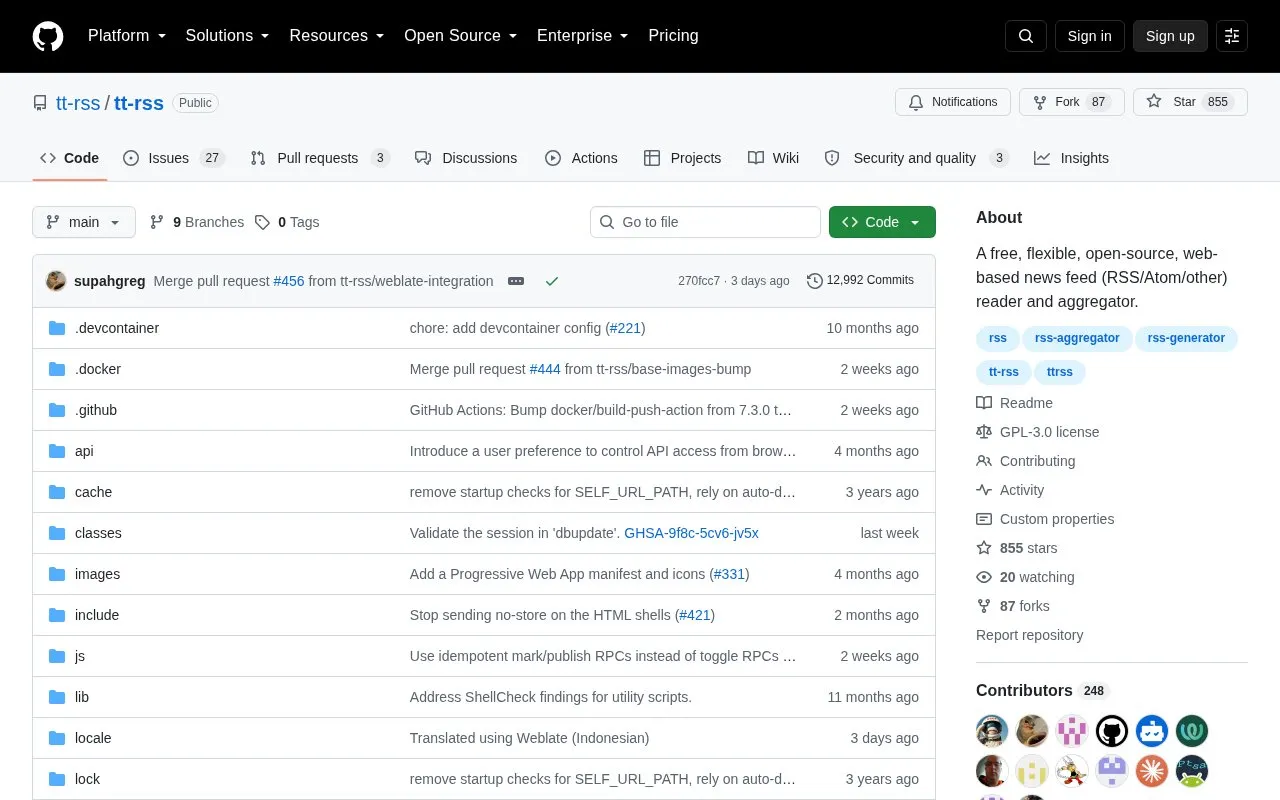 Tt Rss homepage screenshot
