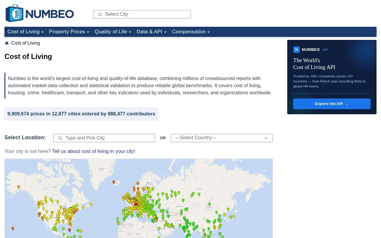 Cost of Living homepage screenshot