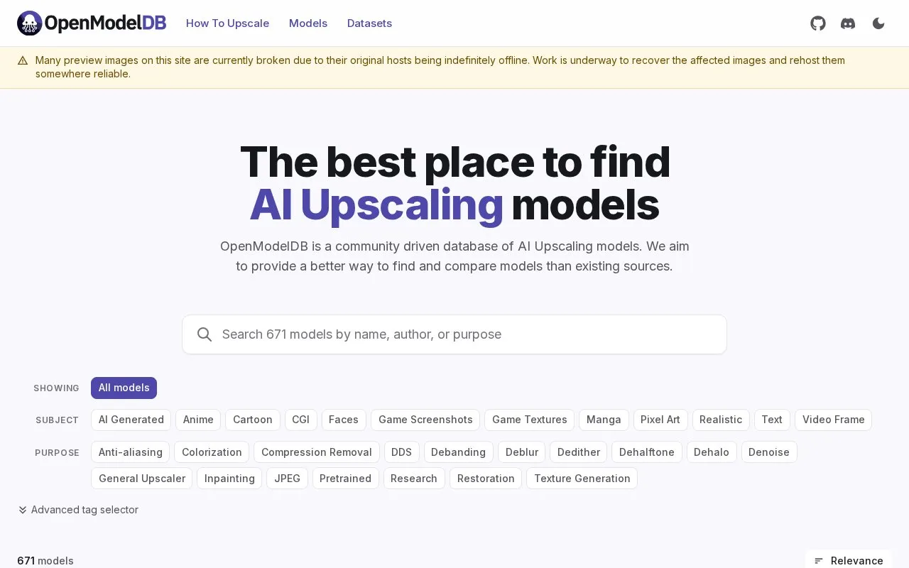 OpenModelDB homepage screenshot