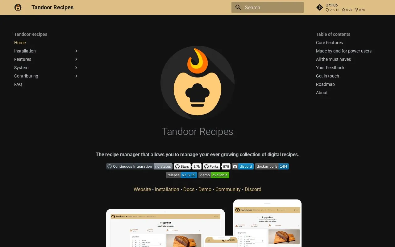 Tandoor Recipes homepage screenshot