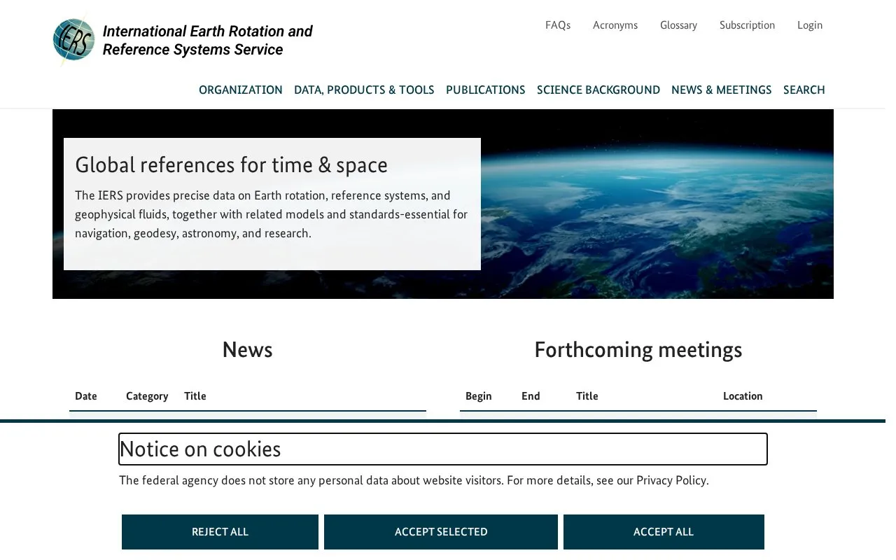 International Earth Rotation and Reference Systems Service homepage screenshot