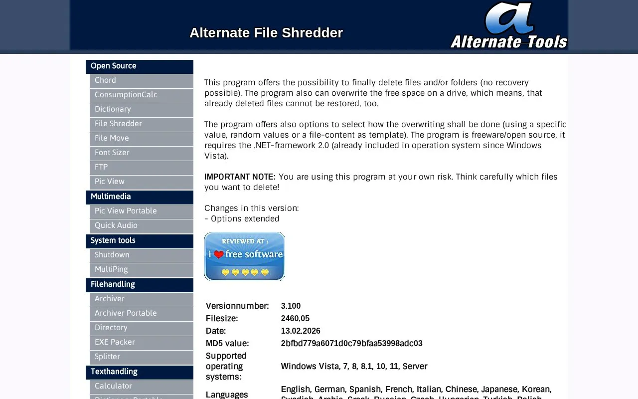Alternate File Shredder homepage screenshot