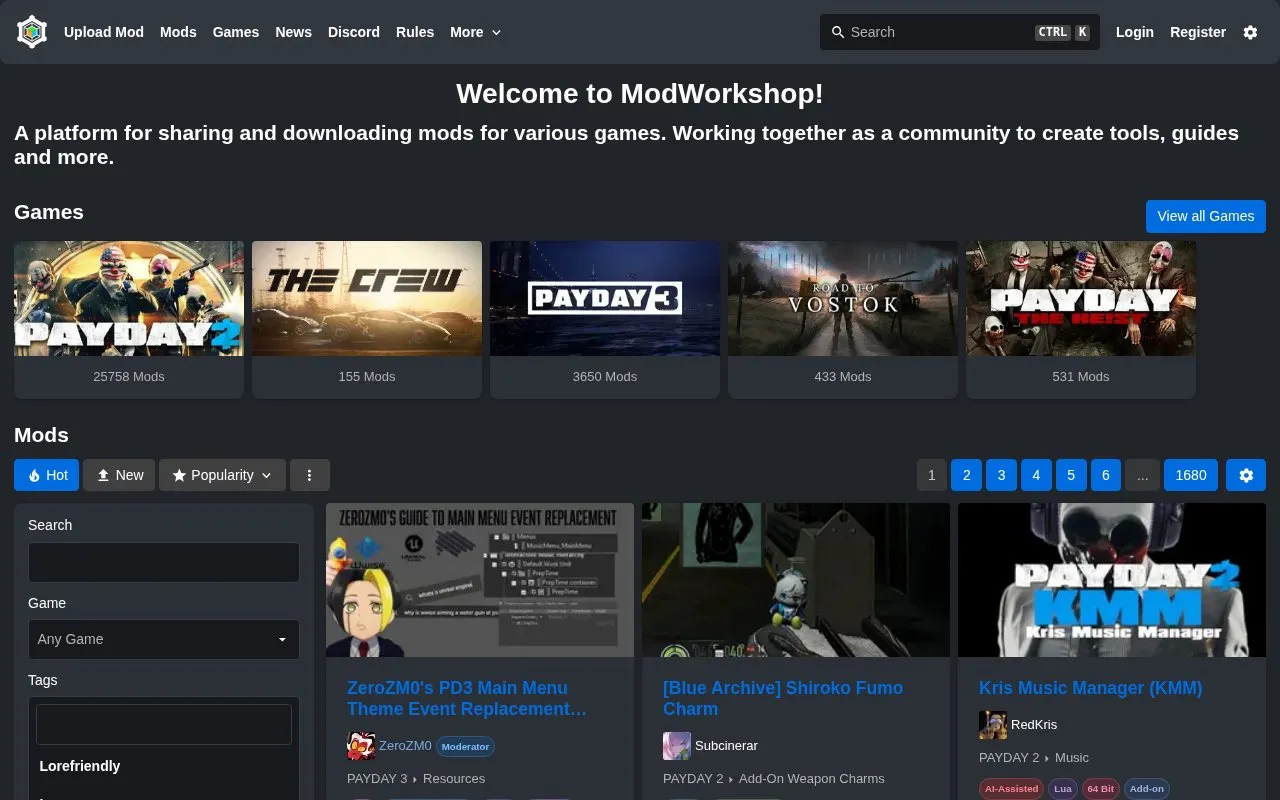 ModWorkshop homepage screenshot