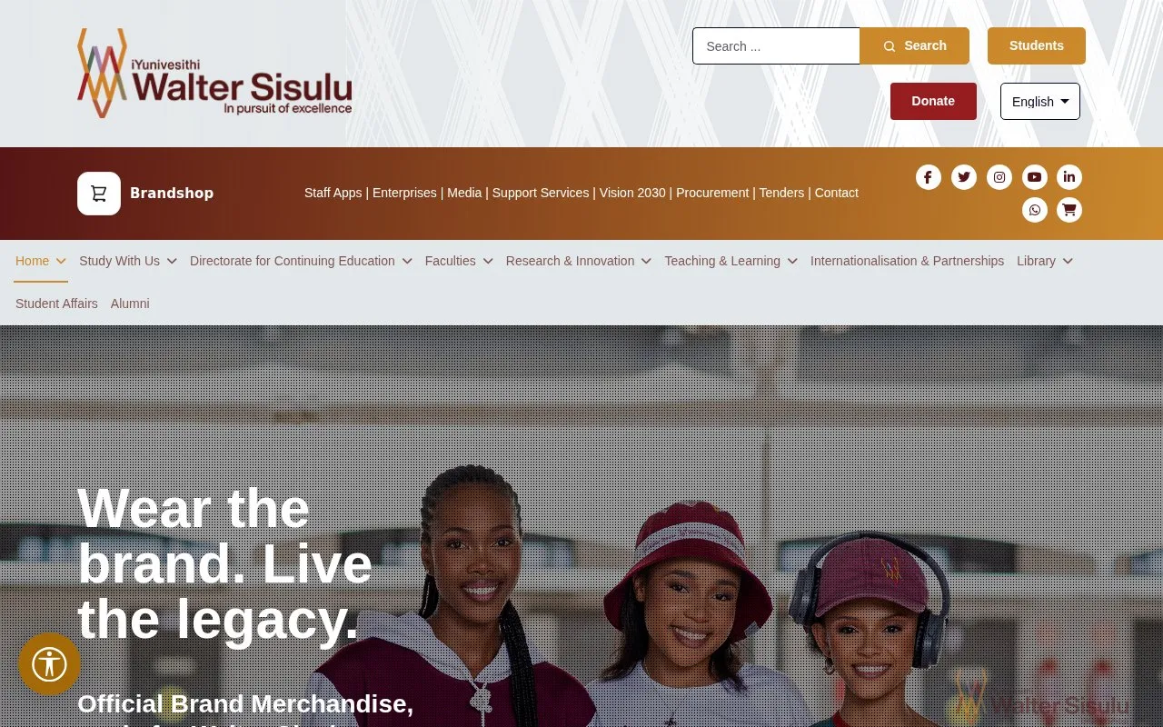 Walter Sisulu University homepage screenshot