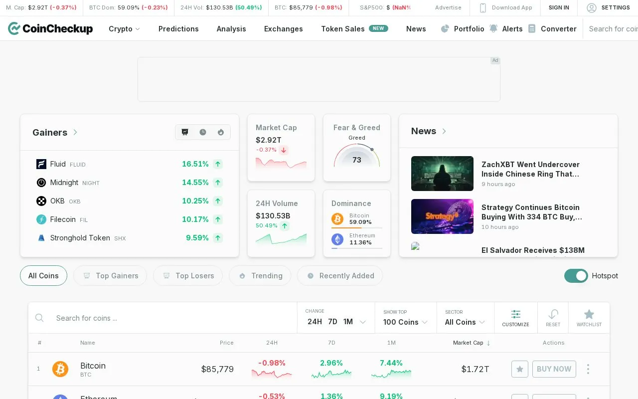 CoinCheckup homepage screenshot