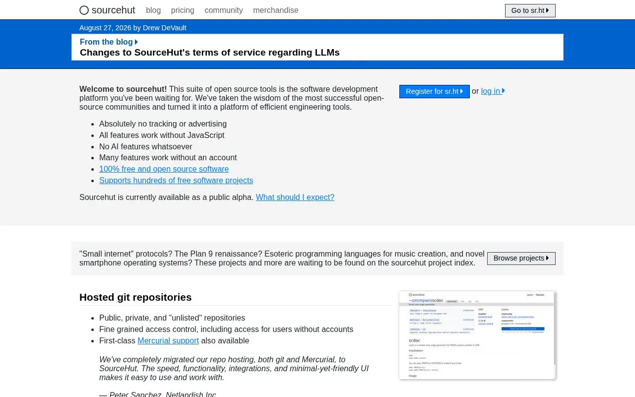 sourcehut homepage screenshot