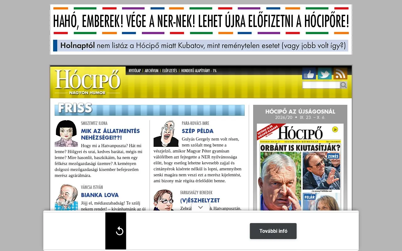 Hócipő homepage screenshot
