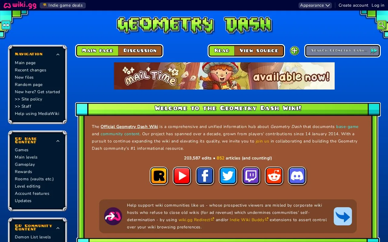 Geometry Dash Wiki homepage screenshot