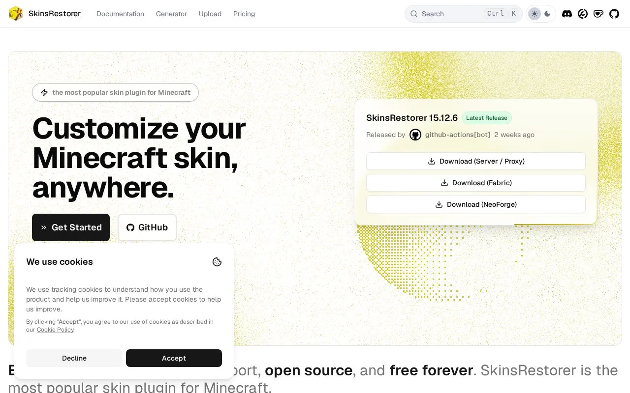 SkinsRestorer homepage screenshot