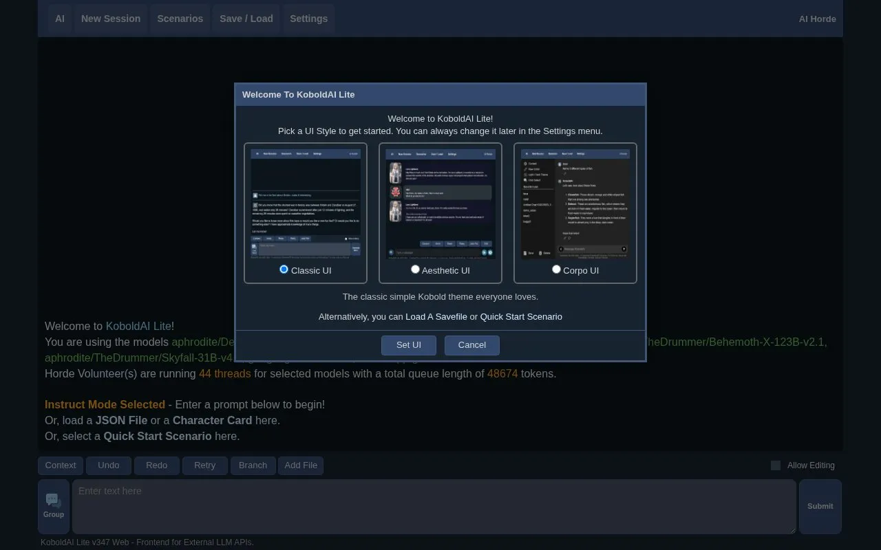 KoboldAI Web homepage screenshot