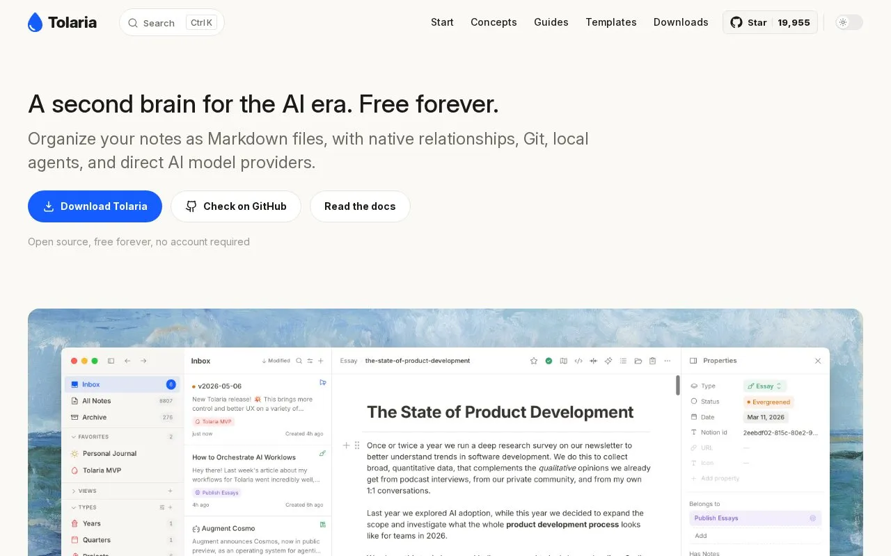 Tolaria homepage screenshot