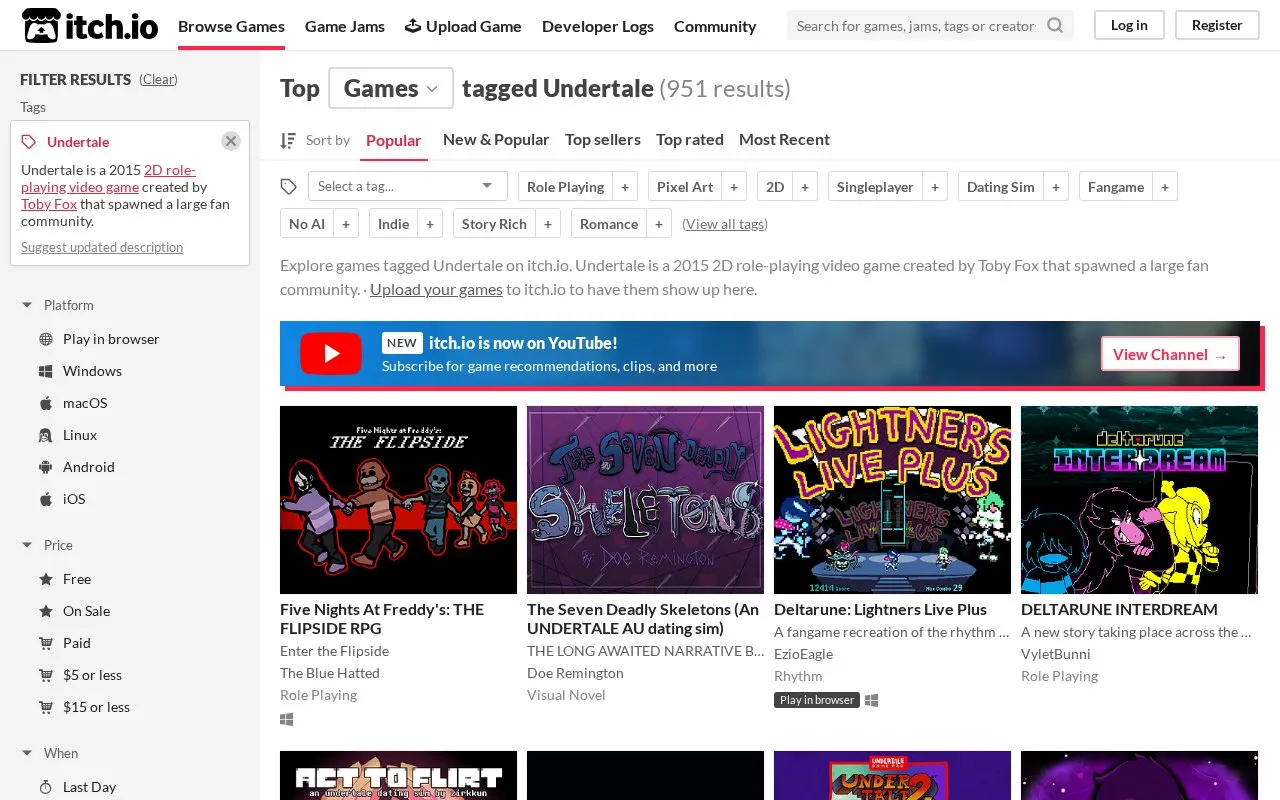 itch.io Undertale homepage screenshot