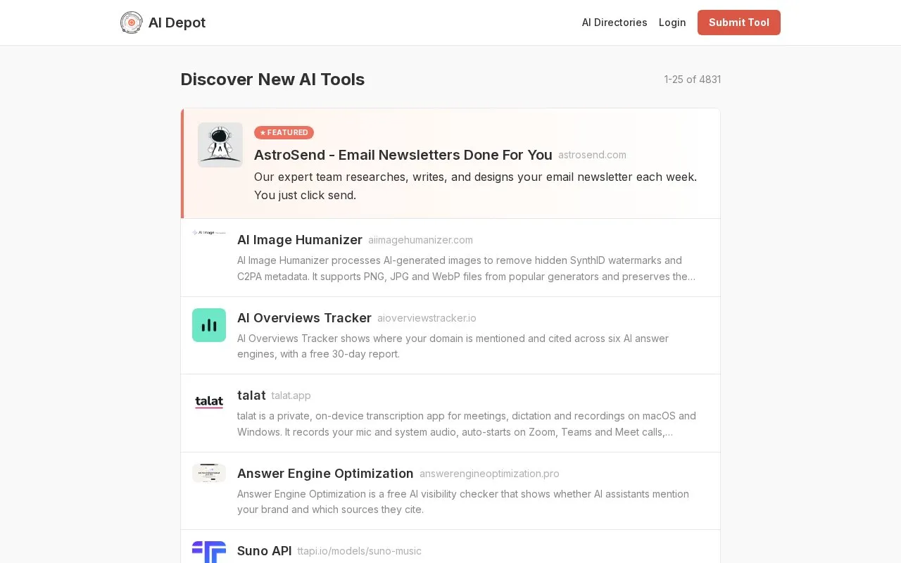 AI Depot homepage screenshot