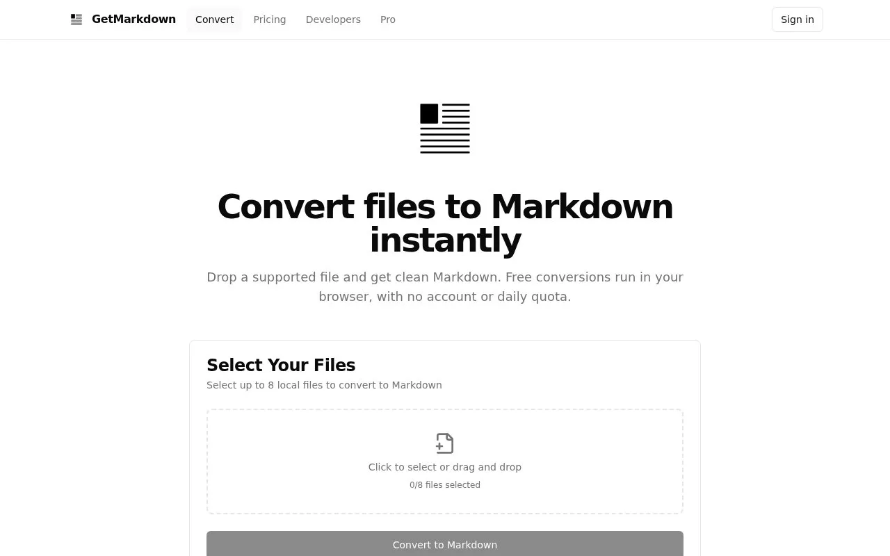 GetMarkdown homepage screenshot