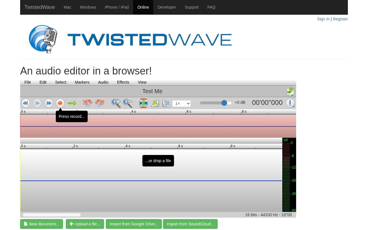 TwistedWave homepage screenshot