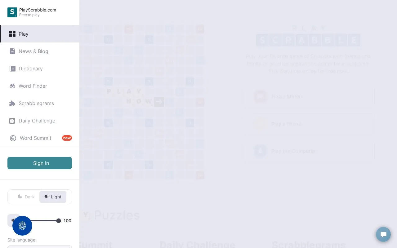 PlayScrabble homepage screenshot