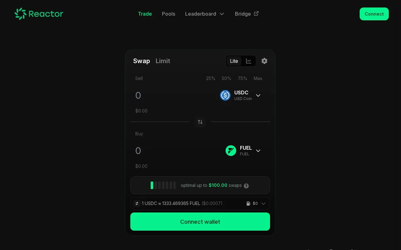 Reactor DEX homepage screenshot