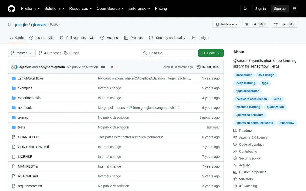 qkeras homepage screenshot