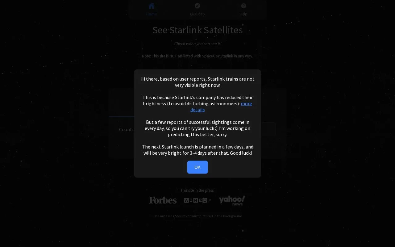 Find Starlink homepage screenshot