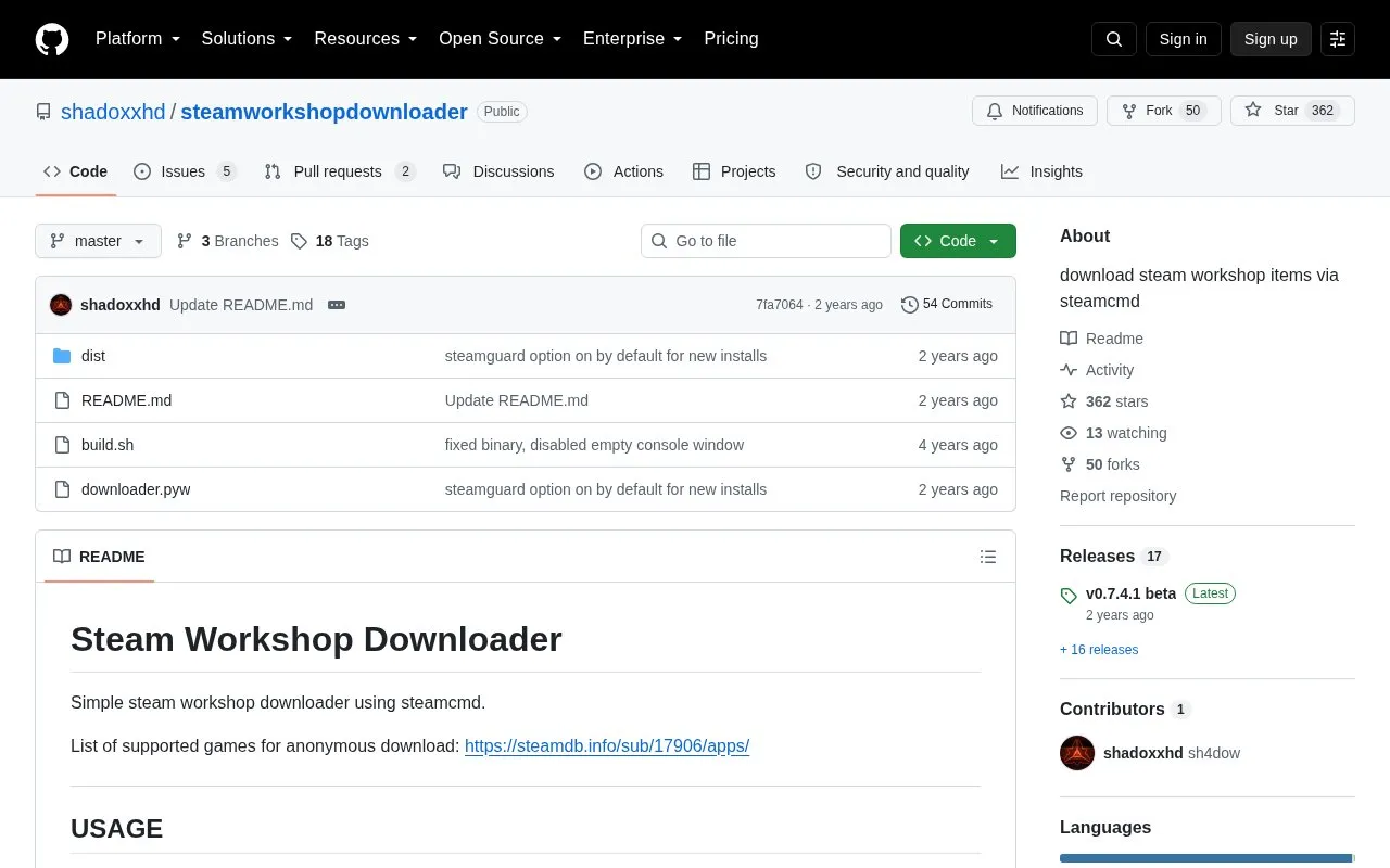 Steam Workshop Downloader homepage screenshot