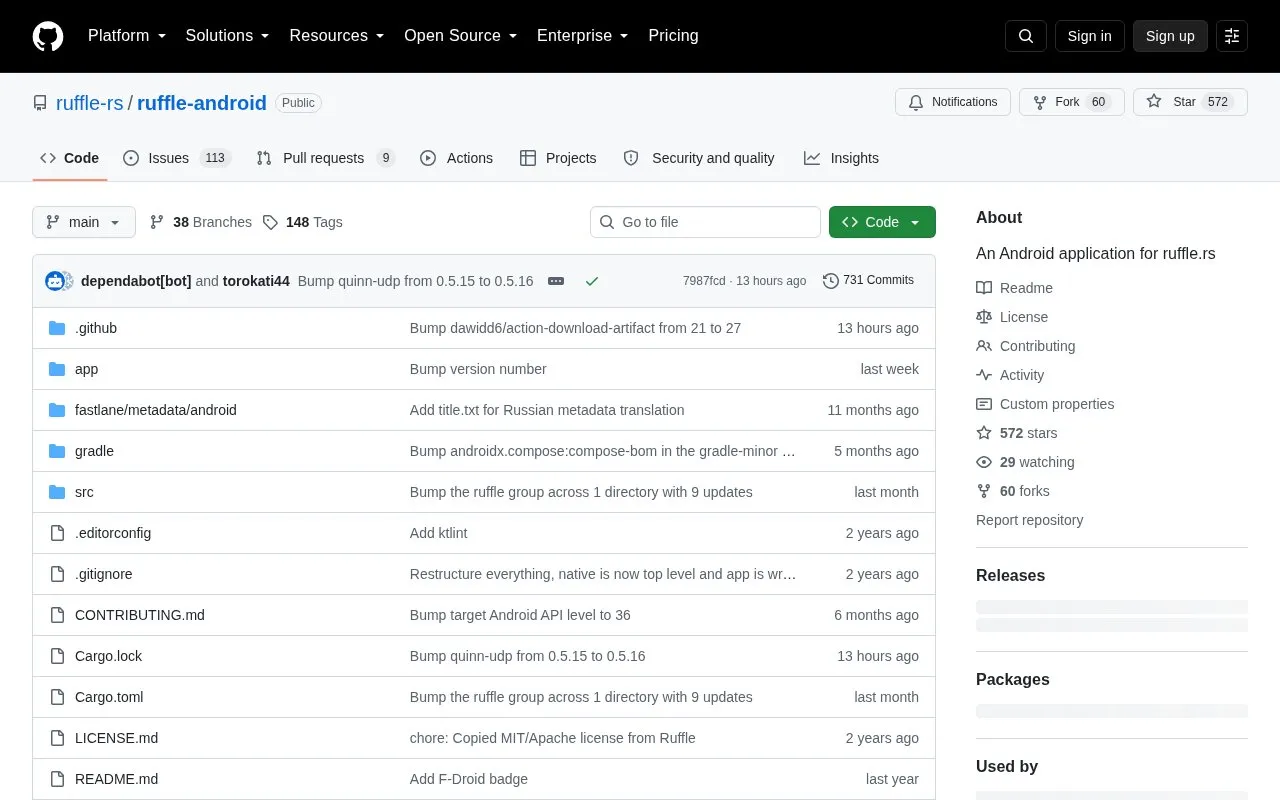 Ruffle Android homepage screenshot