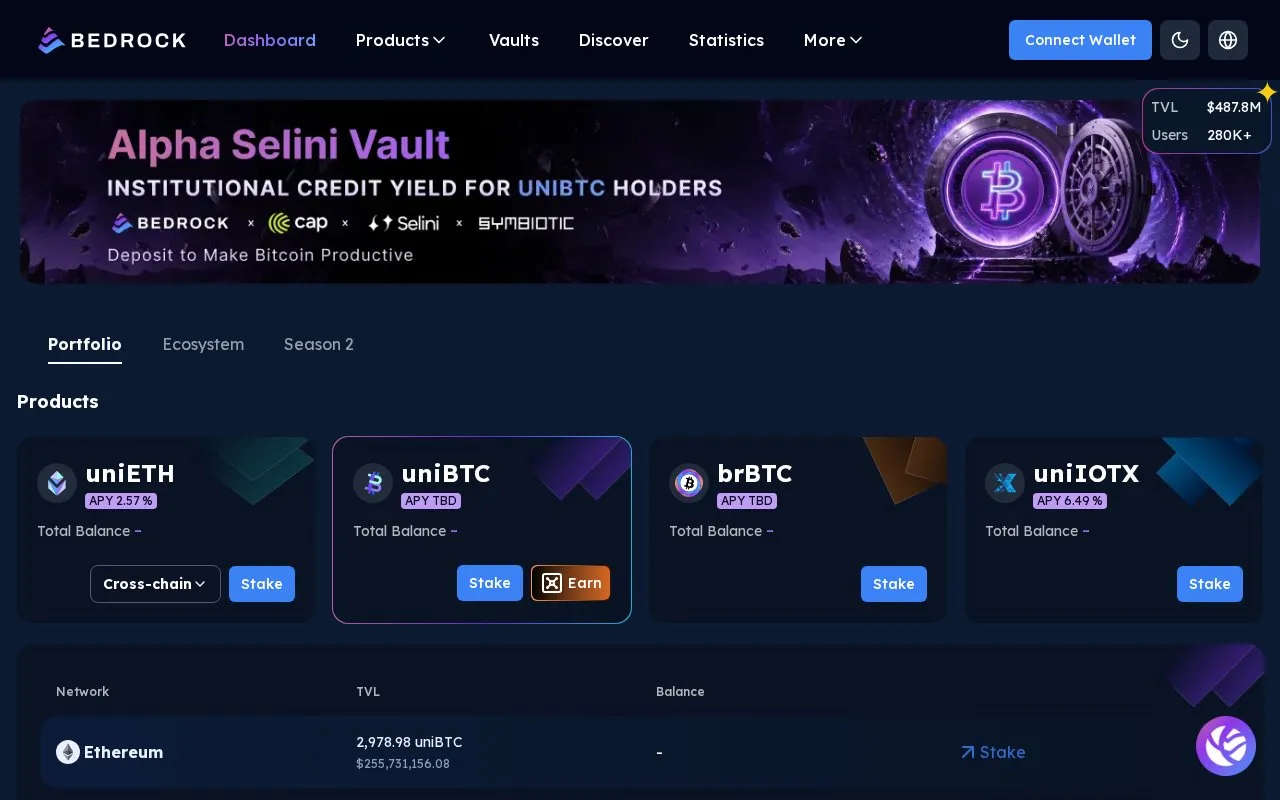Bedrock uniBTC homepage screenshot