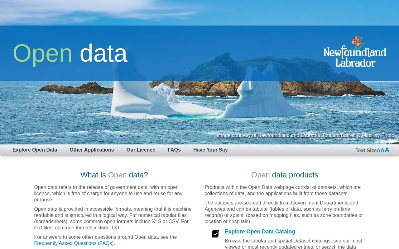 Newfoundland and Labrador Open Data homepage screenshot