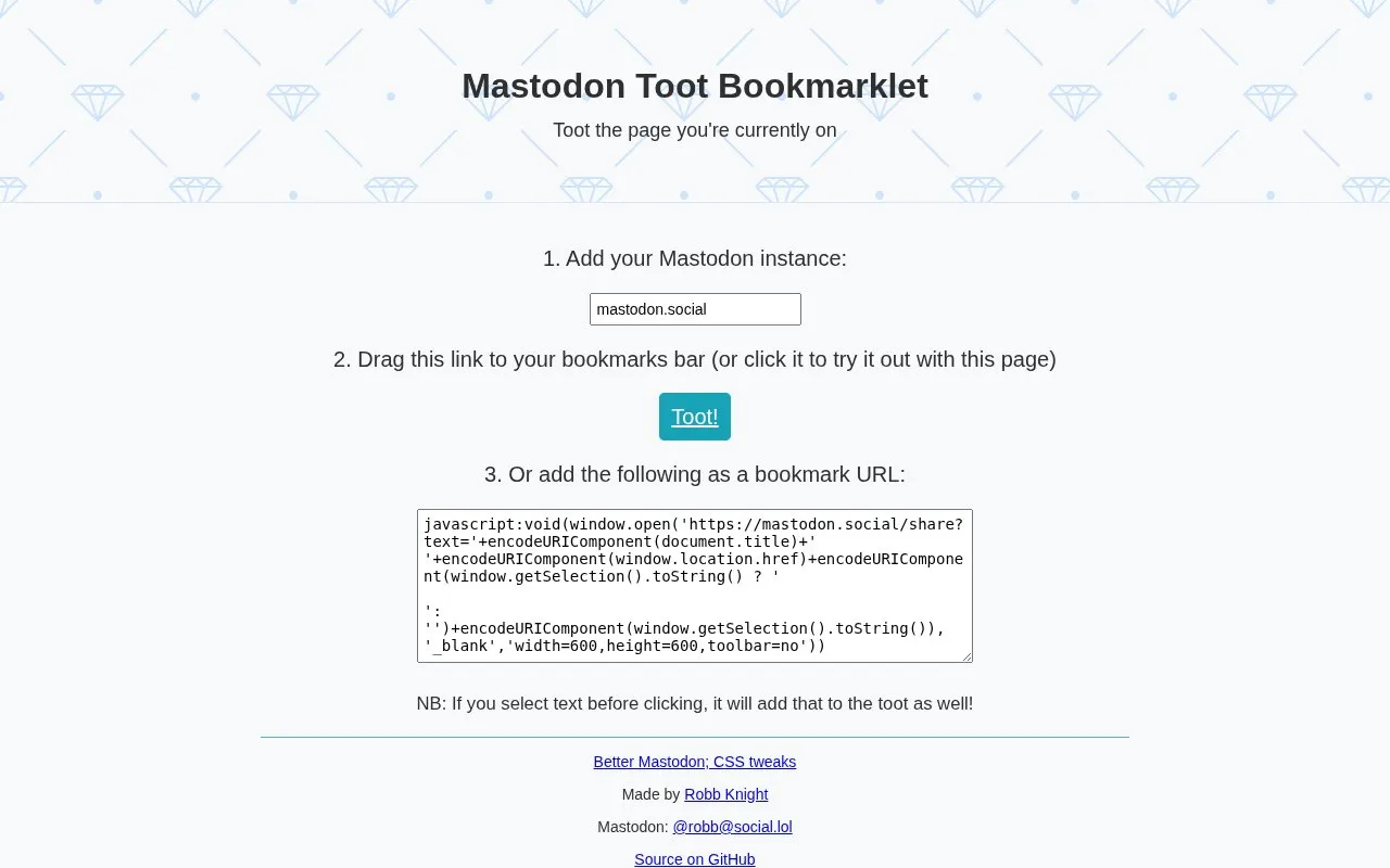 Mastodon Toot Bookmarklet homepage screenshot