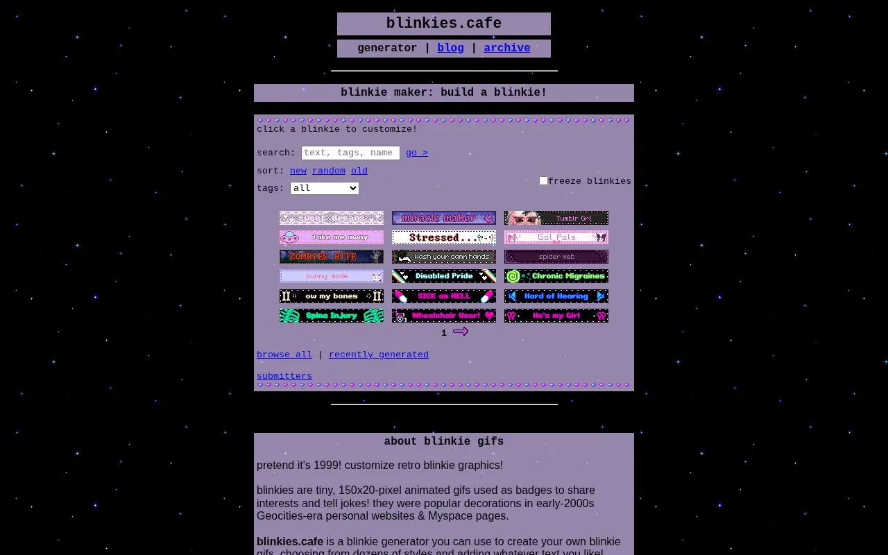 blinkies.cafe homepage screenshot