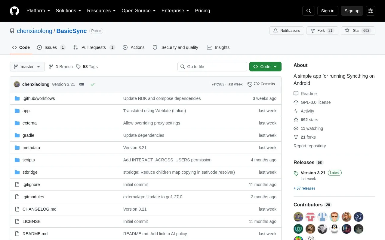 Basic Sync homepage screenshot