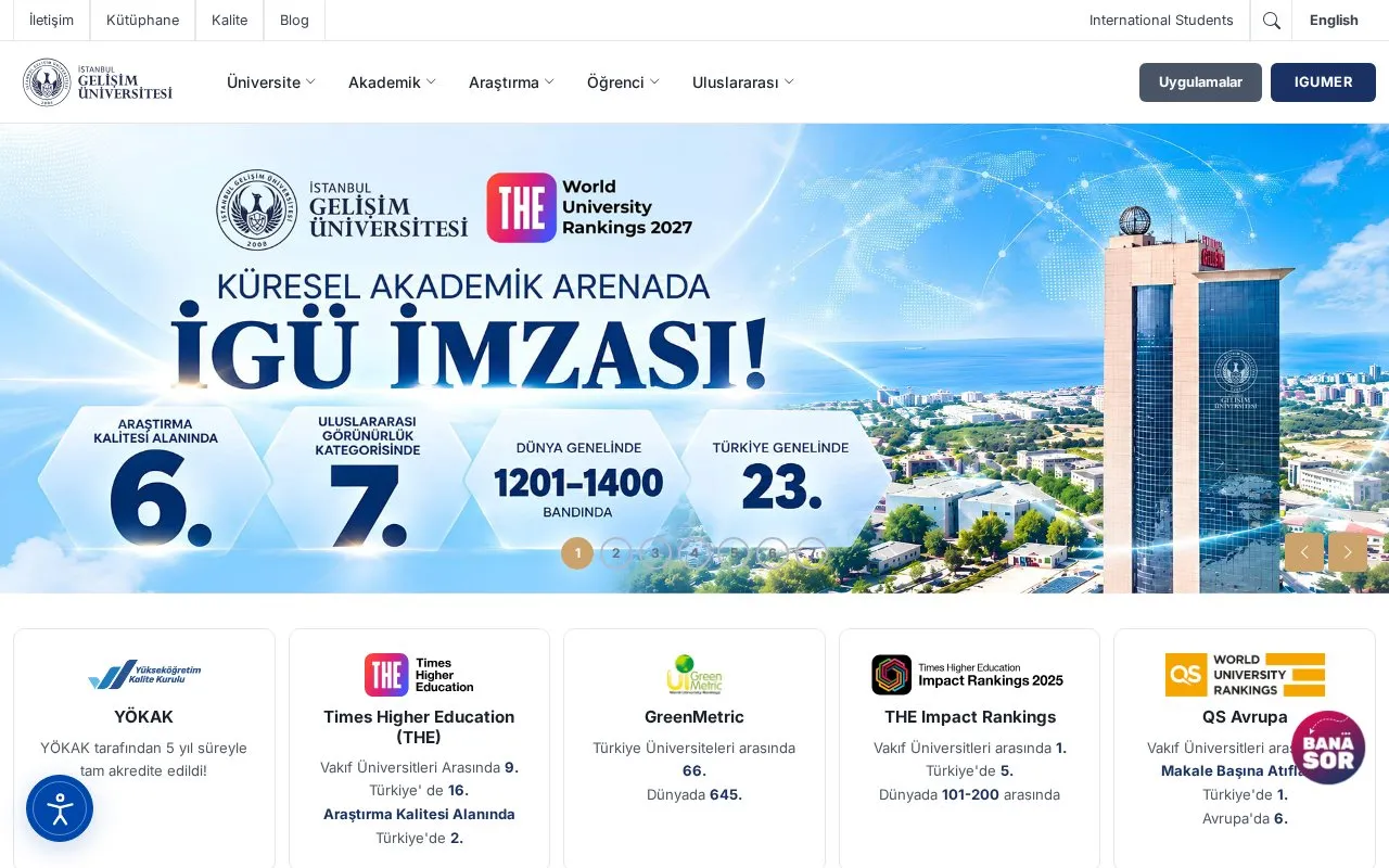 Istanbul Gelisim University homepage screenshot