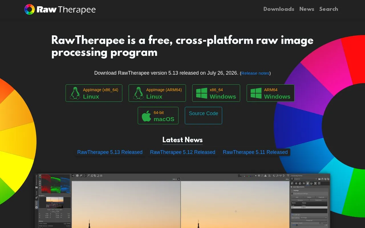 RawTherapee homepage screenshot
