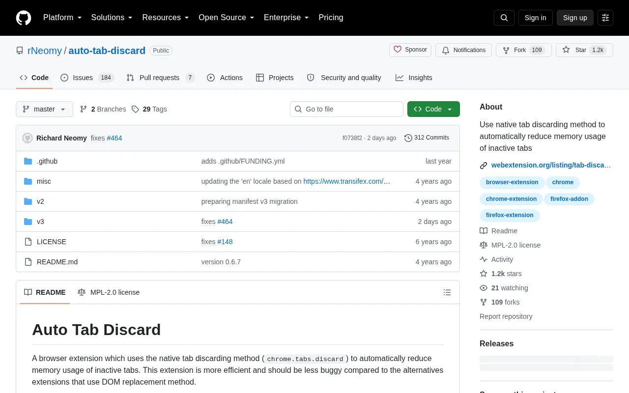 Auto Tab Discard homepage screenshot