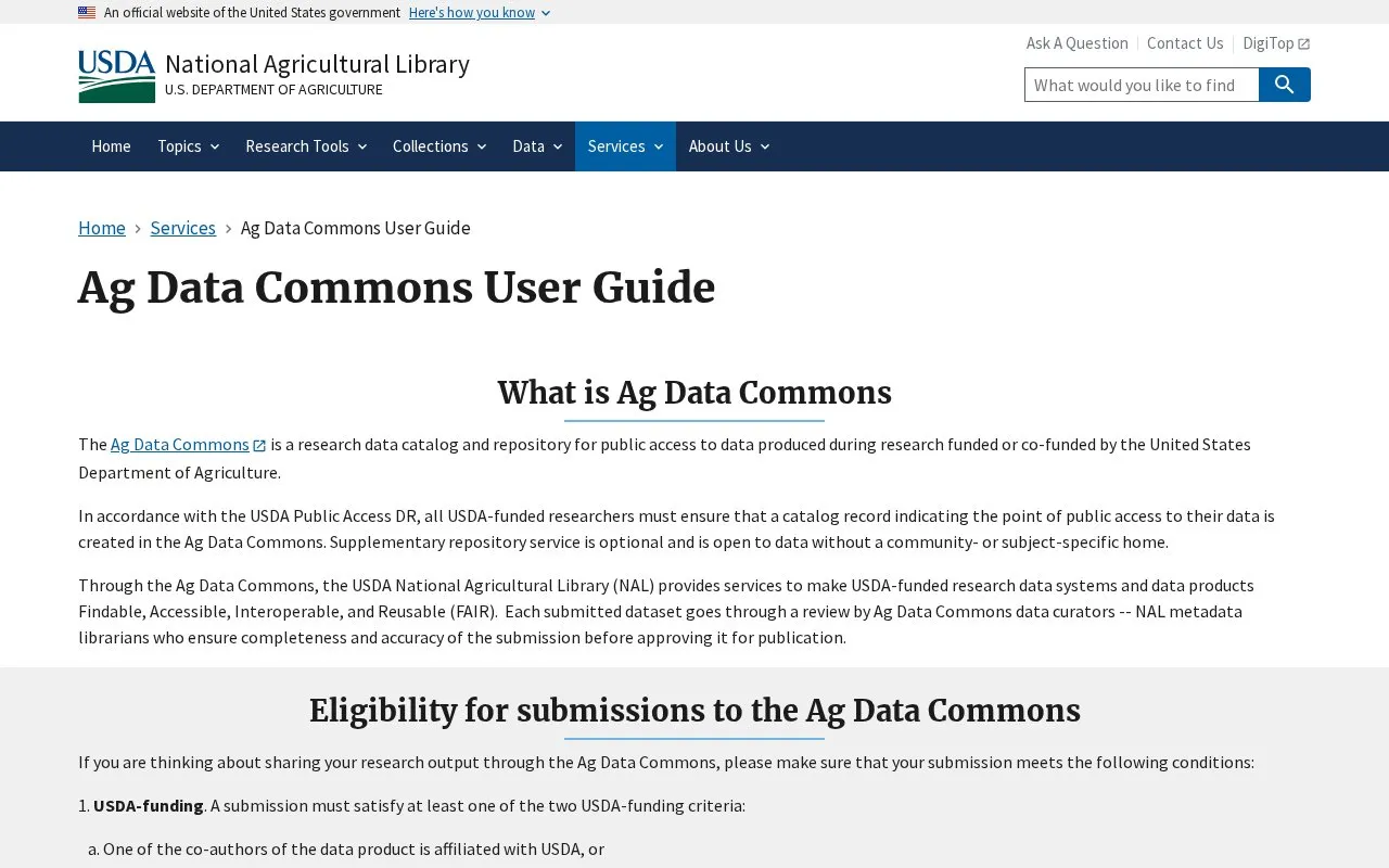 Ag Data Commons homepage screenshot