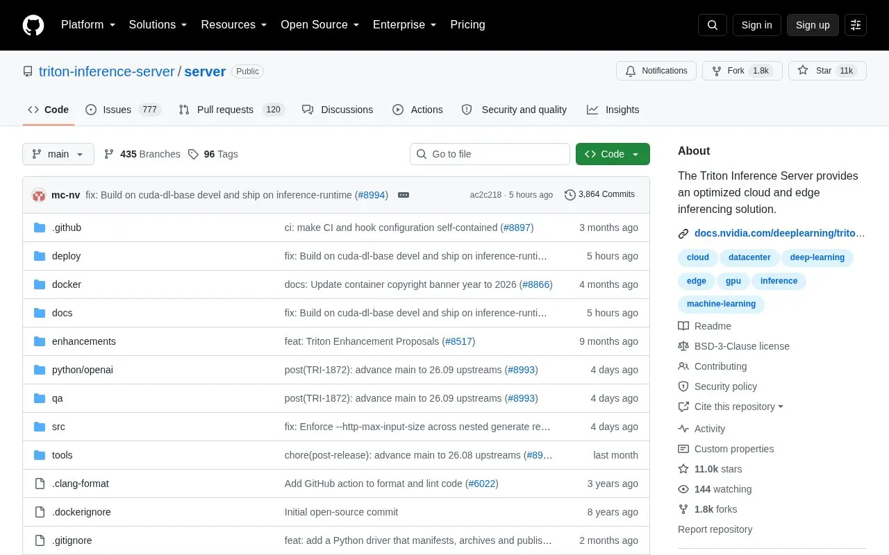 Triton Inference Server homepage screenshot