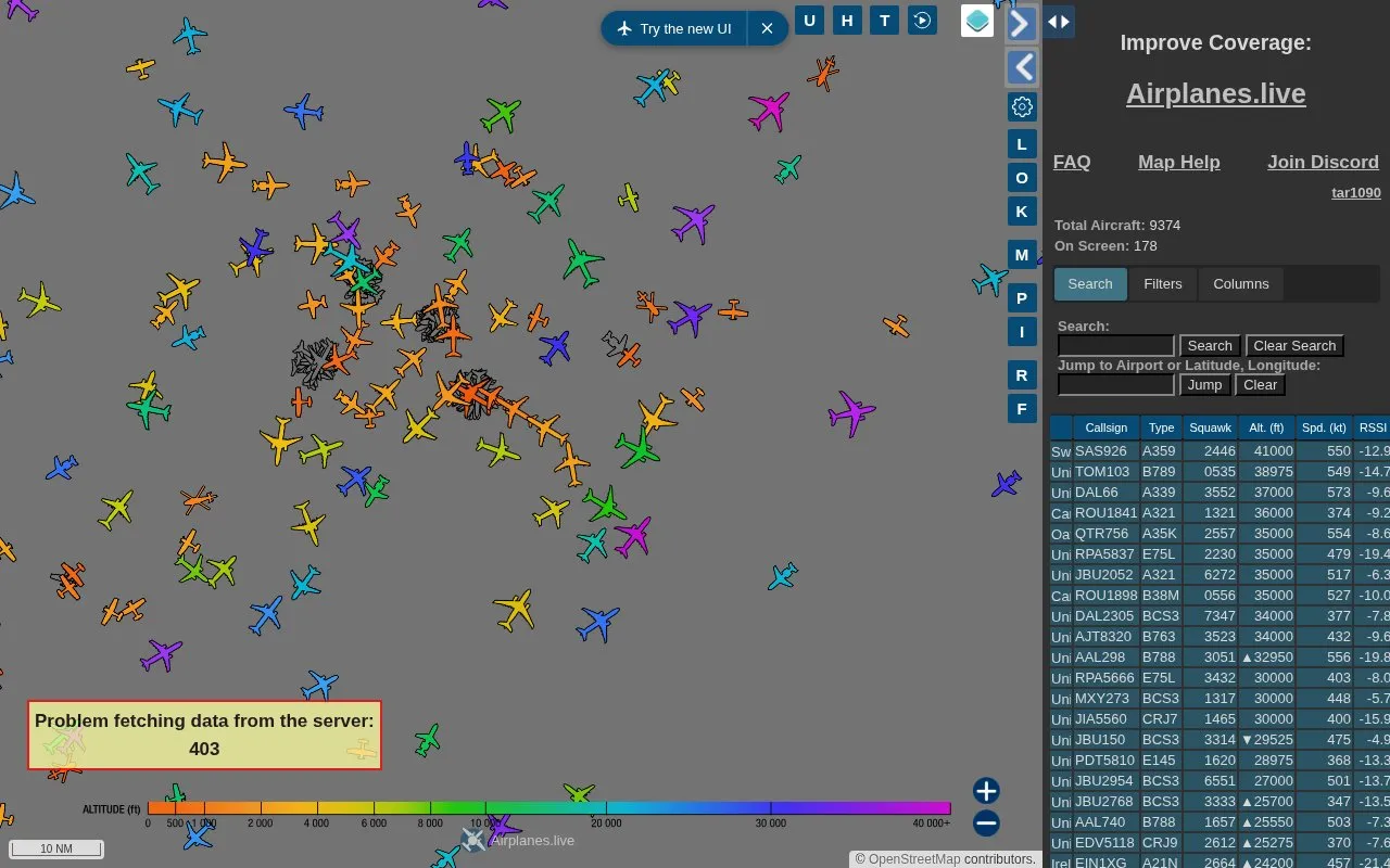 Airplanes.live homepage screenshot