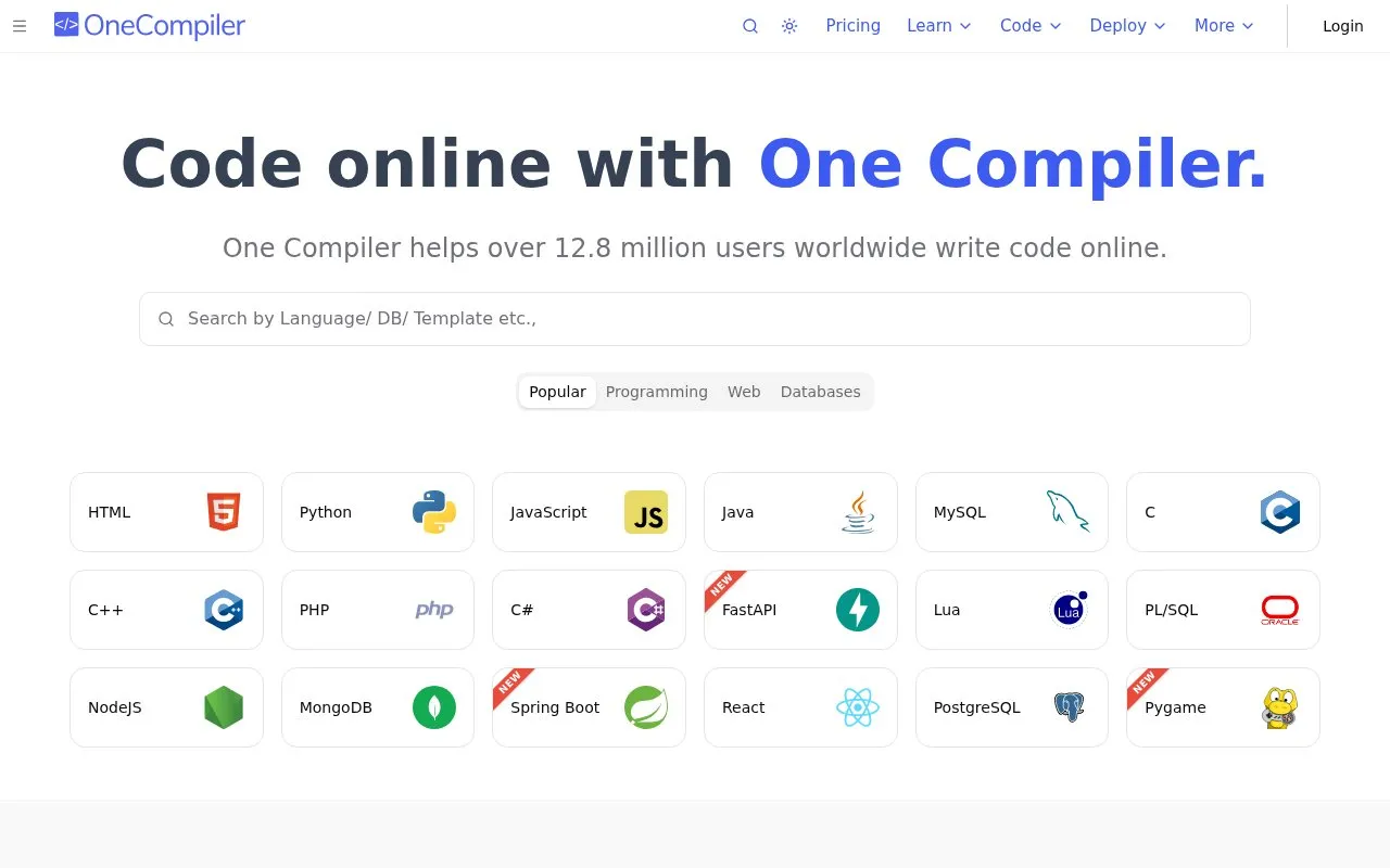 OneCompiler homepage screenshot