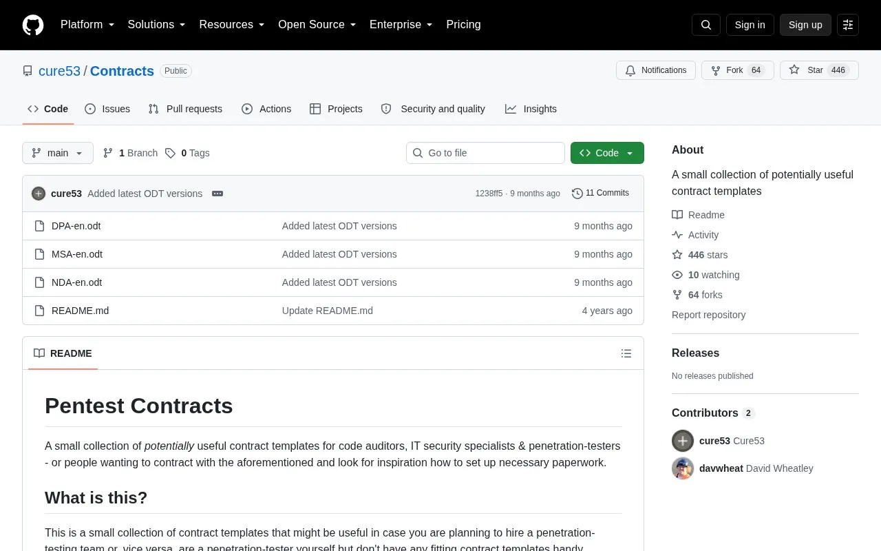 Pentest Contracts homepage screenshot