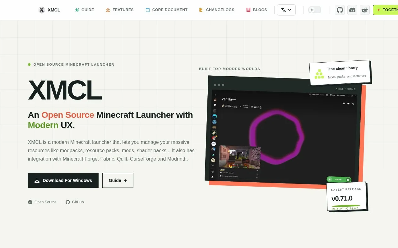 X Minecraft Launcher homepage screenshot