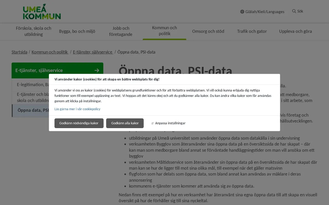 Open data Umeå homepage screenshot