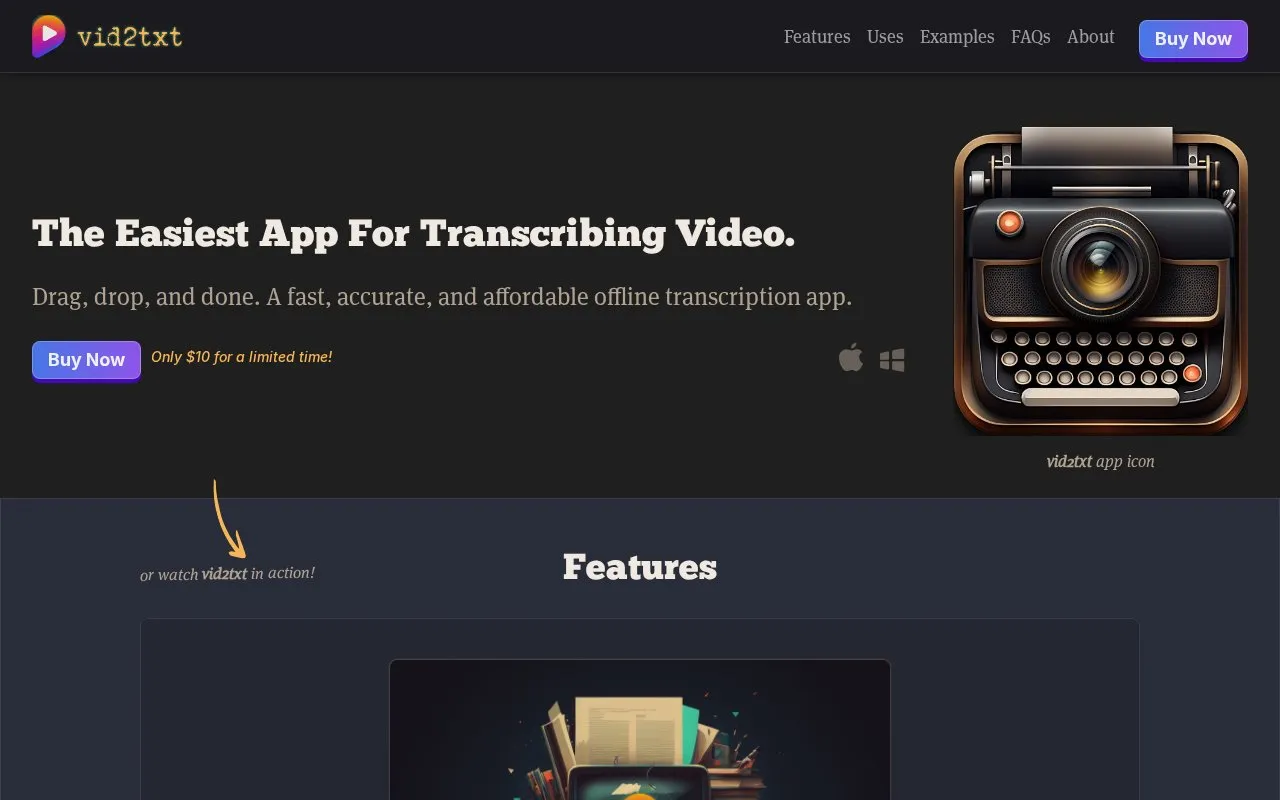 Vid2txt homepage screenshot