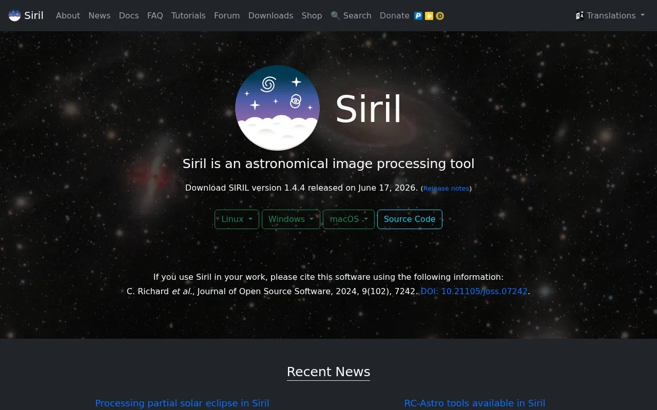 Siril homepage screenshot