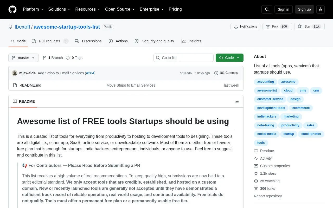 Awesome Startup homepage screenshot