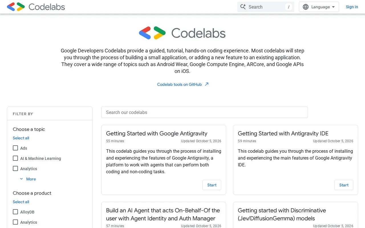 Codelabs homepage screenshot