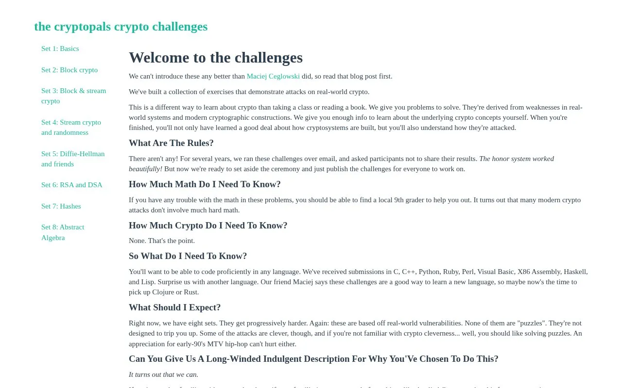 CryptoPals homepage screenshot