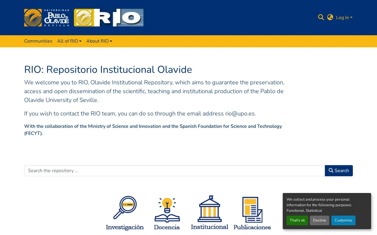 Repositorio Institucional Olavide homepage screenshot