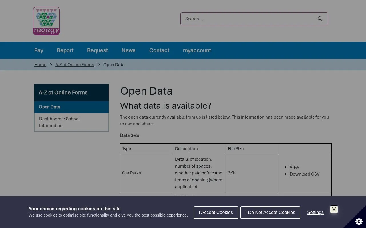 Moray Council Open Data homepage screenshot
