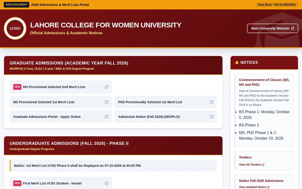 Lahore College for Women University homepage screenshot